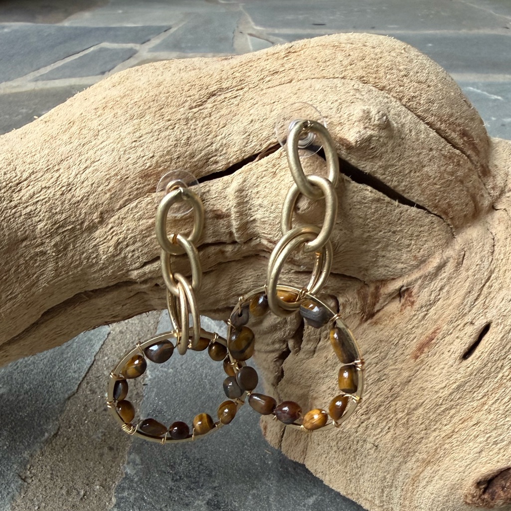 Newfree People-Elegant Gold And Brown Stone Hoop Earrings